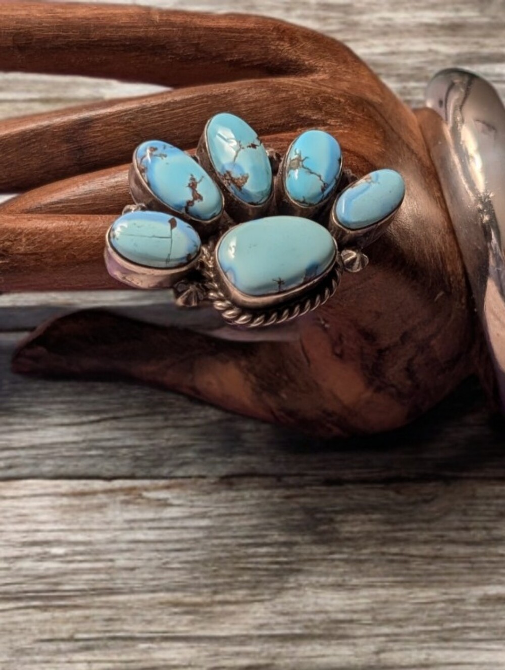 Navajo Signed Golden Hills Turquoise And Sterling Silver 925 Cluster Ring